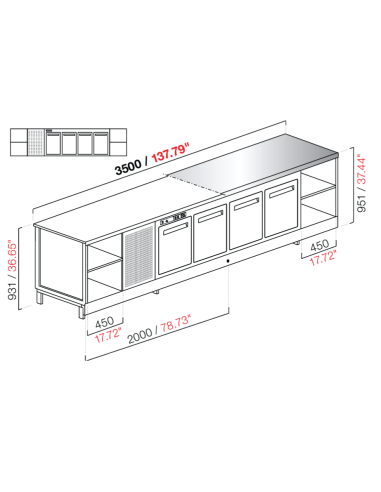 Banco bar - Refrigerado - N. 4 puertas + 2 habitaciones - Planta M/G/A - cm 350 x 68.8 x 95.1 h