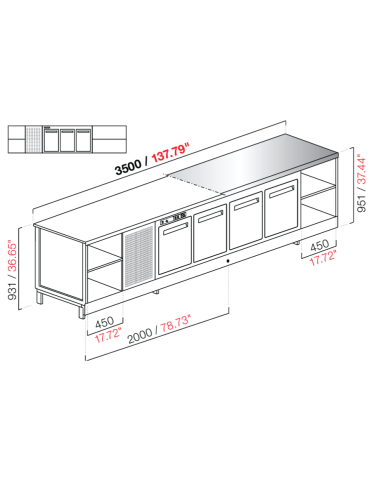 Banco bar - Refrigerated - N. 3 doors + 3 rooms -Piano M/G/A - cm 350 x 68.8 x 95.1 h