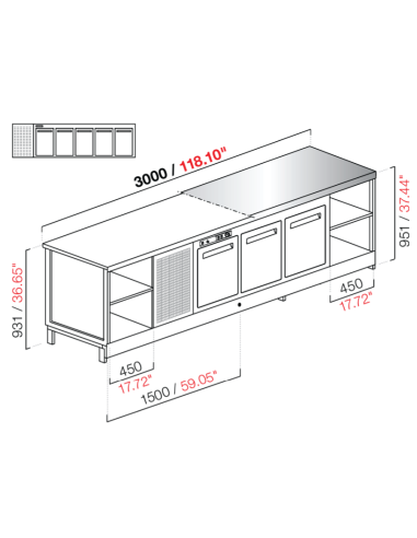 Banco bar - Refrigerado - N. 5 puertas - Piso M/G/A - cm 300 x 68.8 x 95.1 h