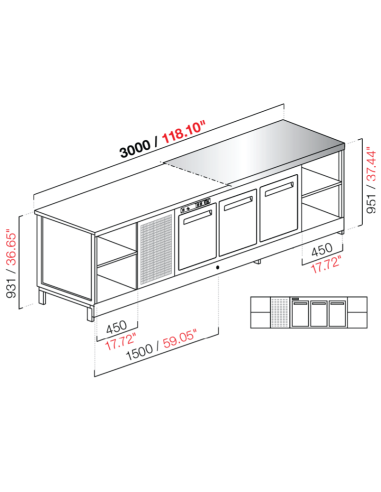 Banco bar - Refrigerado - N. 3 puertas + 2 habitaciones - Planta M/G/A  - cm 300 x 68.8 x 95.1 h