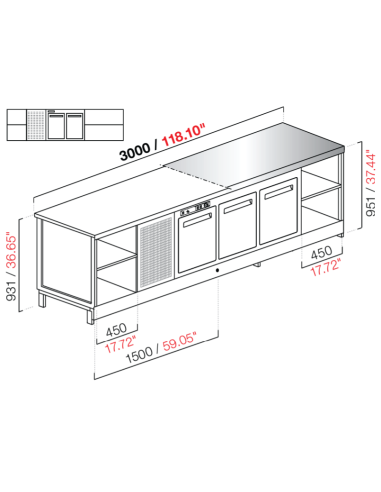 Banco bar - Refrigerado - N. 2 puertas + 3 habitaciones - Planta M/G/A- cm 300 x 68.8 x 95.1 h