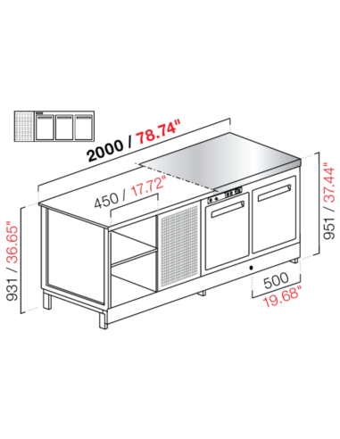 Banco bar - Refrigerato - N. 3 porte - Piano M/G/A - cm 200 x 68.8 x 95.1 h