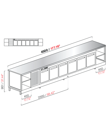 Banco bar - Refrigerado - N. 6 puertas + 2 habitaciones - Tapa de acero inoxidable - cm 450 x 68.8 x 95.1 h