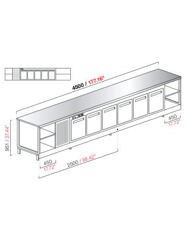 Banco bar - Refrigerated - N. 5 doors + 3 rooms - Stainless steel - cm 450 x 68.8 x 95.1 h