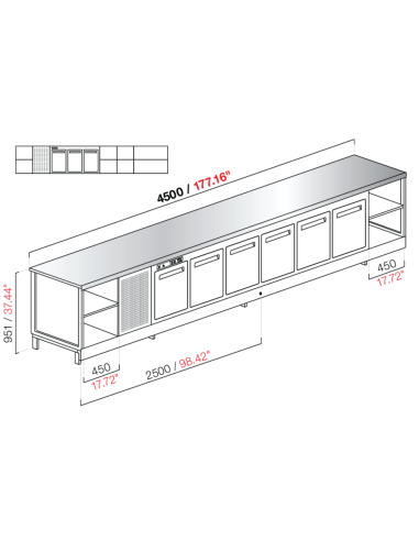 Banco bar - Refrigerado - N. 3 puertas + 5 habitaciones - Tapa de acero inoxidable - cm 450 x 68.8 x 95.1 h