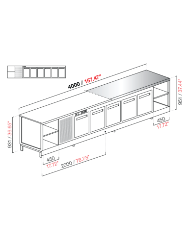 Banco bar - Refrigerato - N. 6 porte + 1 vano - Piano inox - cm 400 x 68.8 x 95.1 h