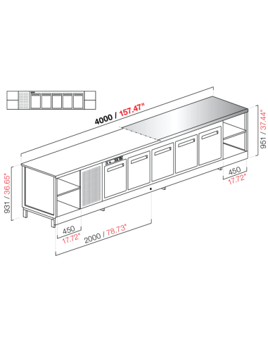 Banco bar - Refrigerado - N. 5 puertas + 2 habitaciones - Tapa de acero inoxidable - cm 400 x 68.8 x 95.1 h