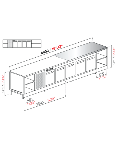 Banco bar - Refrigerado - N. 4 puertas + 3 habitaciones - Tapa de acero inoxidable - cm 400 x 68.8 x 95.1 h