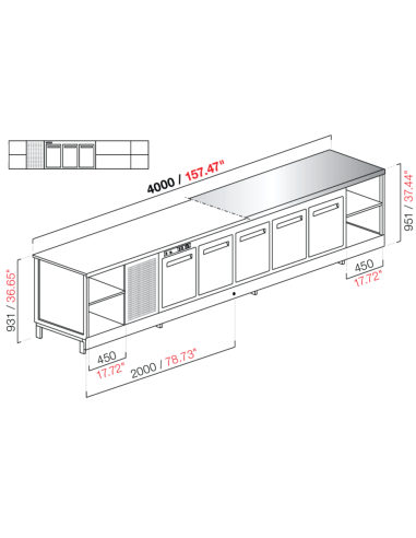 Banco bar - Refrigerado - N. 3 puertas + 4 habitaciones - Tapa de acero inoxidable - cm 400 x 68.8 x 95.1 h