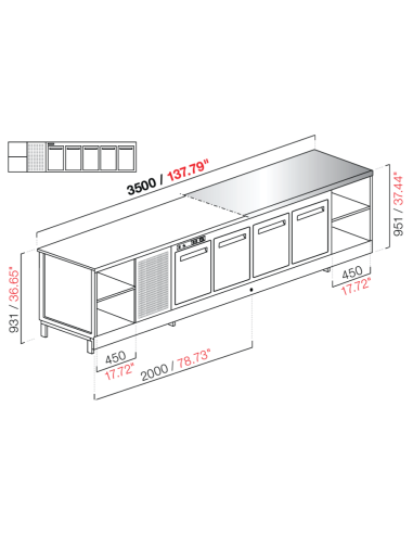 Banco bar - Refrigerato - N. 5 porte + 1 vano - Piano inox - cm 350 x 68.8 x 95.1 h