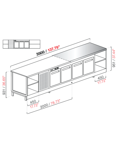 Banco bar - Refrigerado - N. 3 puertas + 3 habitaciones - Tapa de acero inoxidable - cm 350 x 68.8 x 95.1 h