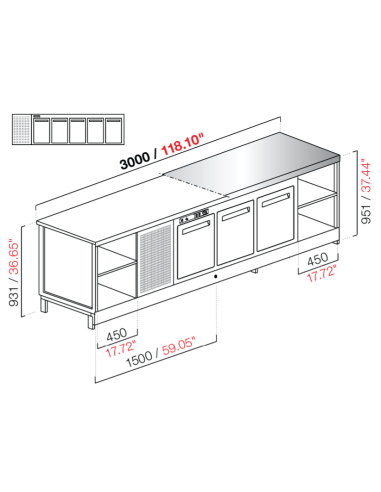 Banco bar - Refrigerado - N. 5 puertas - Acero inoxidable - cm 300 x 68.8 x 95.1 h