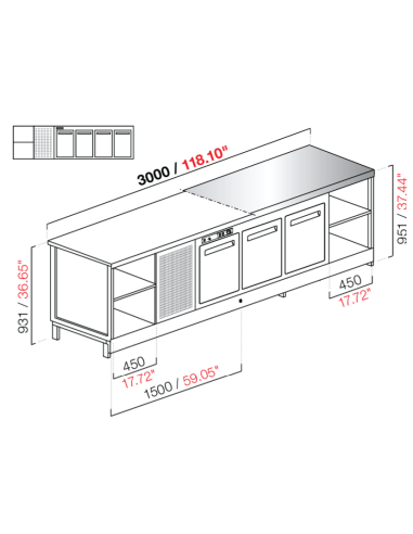 Banco bar - Refrigerado - N. 4 puertas + 1 compartimiento - Acero inoxidable - cm 300 x 68.8 x 95.1 h