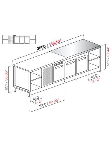 Banco bar - Refrigerado - N. 3 puertas + 2 habitaciones - Tapa de acero inoxidable - cm 300 x 68.8 x 95.1 h