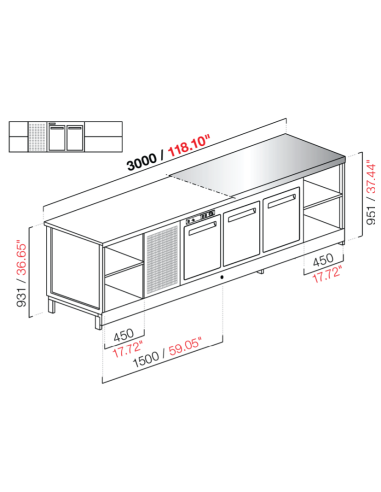 Banco bar - Refrigerado - N. 2 puertas + 3 habitaciones - Acero inoxidable - cm 300 x 68.8 x 95.1 h