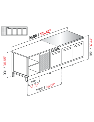 Banco bar - Refrigerado - N. 4 puertas - Acero inoxidable - cm 250 x 68.8 x 95.1 h