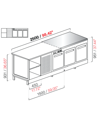 Banco bar - Refrigerado - N. 3 puertas + 1 compartimiento - Acero inoxidable - cm 250 x 68.8 x 95.1 h