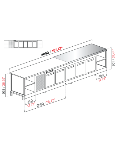 Banco bar - Refrigerado - N. 5 puertas + 2 habitaciones - Planta M/G/A - cm 400 x 68.8 x 95.1 h