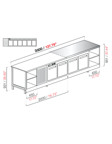 Banco bar - Refrigerado - N. 6 puertas - Piso M/G/A - cm 350 x 68.8 x 95.1 h