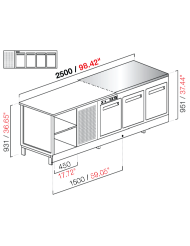 Banco bar - Refrigerado - N. 4 puertas - Piso M/G/A - cm 250 x 68.8 x 95.1 h