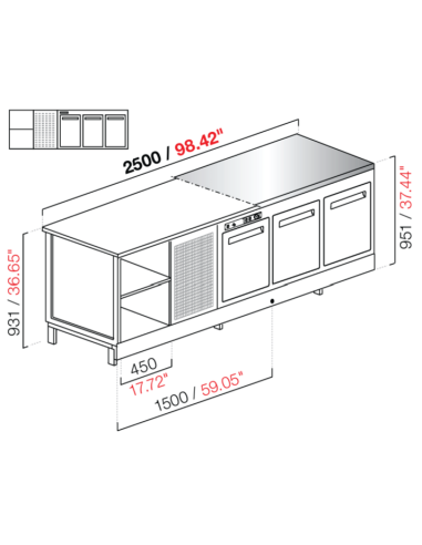 Banco bar - Refrigerado - N. 3 puertas + 1 compartimento - Piso M/G/A - cm 250 x 68.8 x 95.1 h