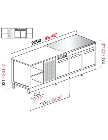 Banco bar - Refrigerado - N. 2 puertas + 2 habitaciones - Planta M/G/A - cm 250 x 68.8 x 95.1 h