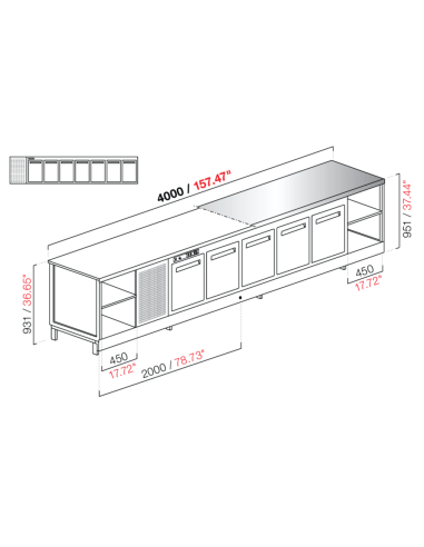 Banco bar - Refrigerato - N. 7 porte - Predisposizione piano M/G/A- cm 400 x 68.8 x 95.1 h