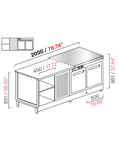 Banco bar - Refrigerato - N. 2 porte + 1 vano -  Piano M/G/A - cm 200 x 68.8 x 95.1 h