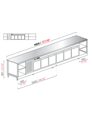 Banco bar - Refrigerado - N. 4 puertas + 4 habitaciones - Tapa de acero inoxidable - cm 450 x 68.8 x 95.1 h