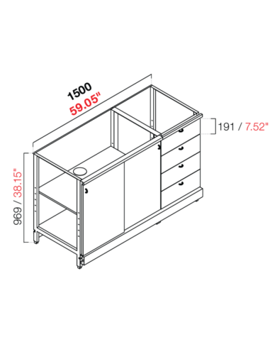 Neutra base retro - puertas correderas y cajones - cm 150 x 39.6/54.6/64.1 x 100 h