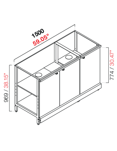 Retro base neutra - N.3 doors - cm 150 x 39.6/54.6/64.1 x 100 h