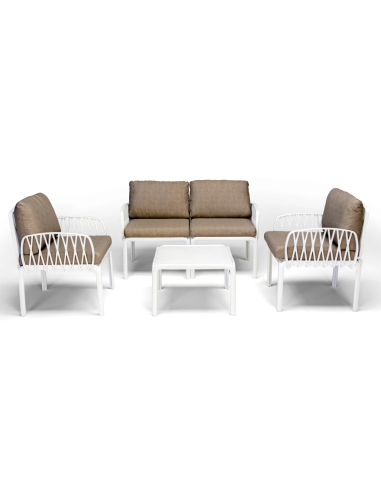 Polypropylene and fiberglass set - Two armchairs - Sofa 2 seats - Table cm 62 x 62