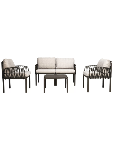 Set de polipropileno y fibra de vidrio - Dos sillones - Sofa 2 asientos - Mesa cm 62 x 62