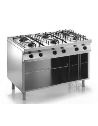 Cocina de gas abierta 6 quemadores - Potencia quemador 3 kW 3,5 + 3 kW 6 - Cm 120 x 70 x 85 h