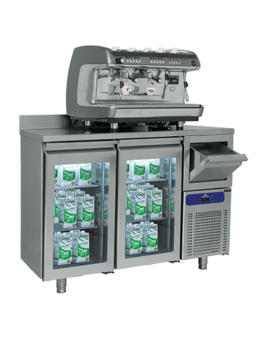 Refrigerated table with 2 glass doors GN 1/1 with beater hopper and splashback