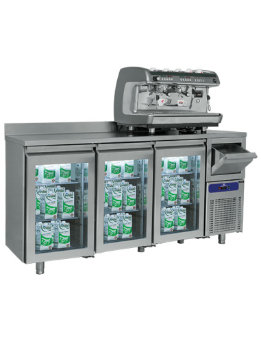 Refrigerated table with 3 glass doors and beater hopper and splashback