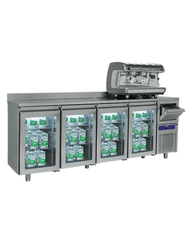 Refrigerated table with 4 glass doors and beater hopper and splashback