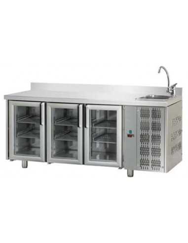 Mesa refrigerada - Alzatina - Lavello - N.Puertas de vidrio - cm 187 x 70 x 115/120 h